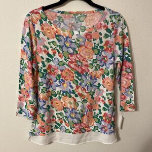 Talbots Petite Floral Multicolor 3/4 Sleeve Layered Hem Lightweight Knit Sweater